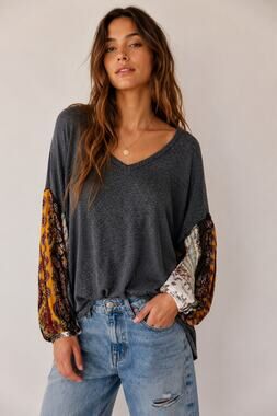 Free People SZ XS Blossom Thermal Patchwork Top Charcoal Gray